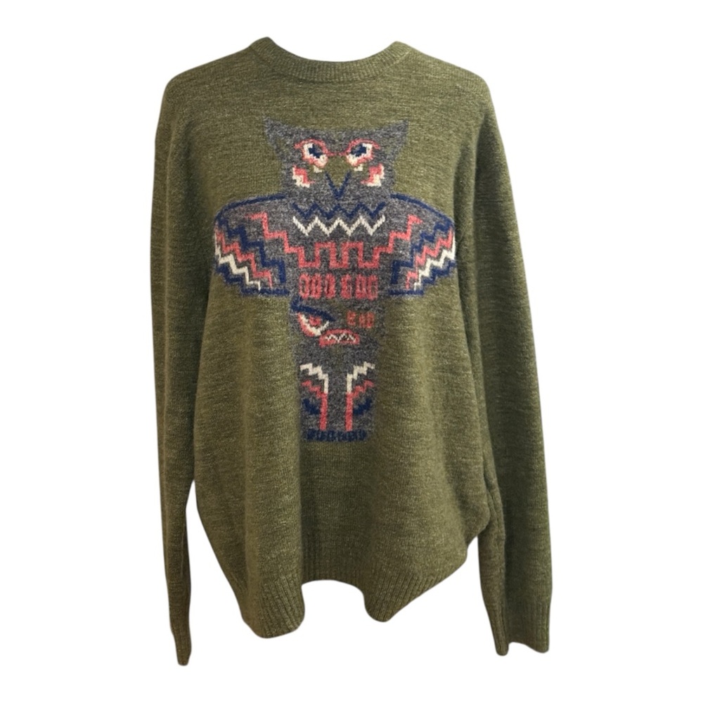 Michael Bastian Olive Green Totem Pole Owl intarsia-knit  crewneck. Size X-Large